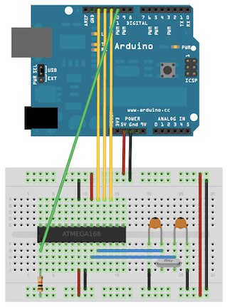 Wiring up the AVR to the Arduino.